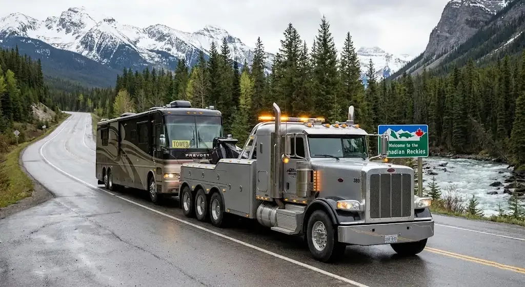 London heavy-duty tow truck with RV in transport