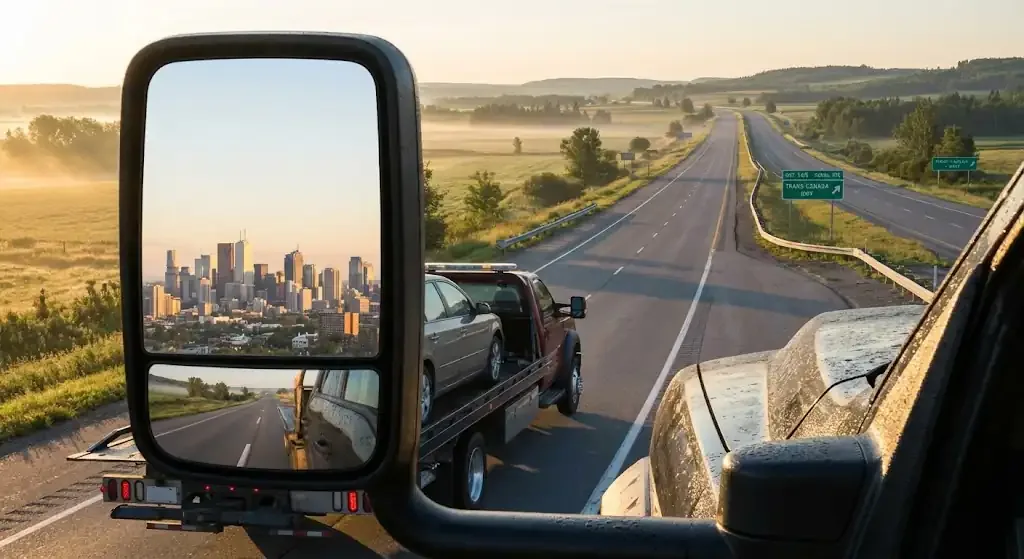 London tow truck on extended highway route