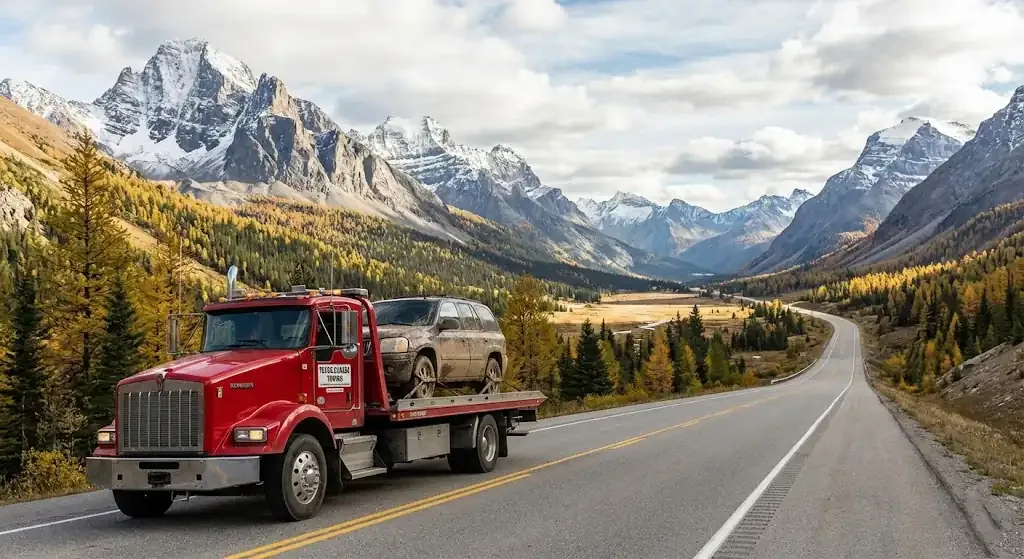 long-distance tow truck on a London highway corridor