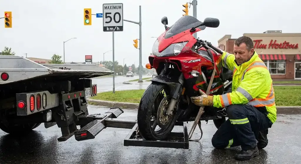 London motorcycle being safely loaded for transport