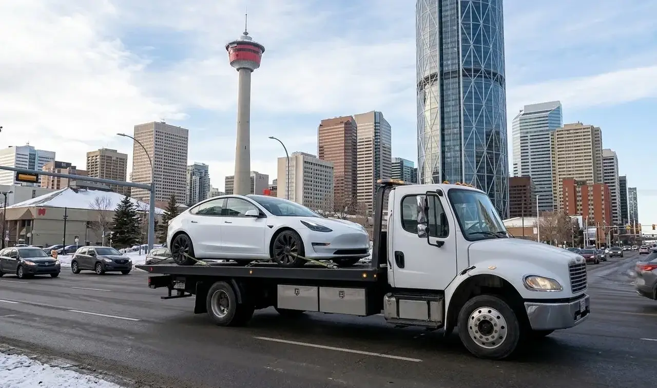 London electric vehicle on flatbed transport
